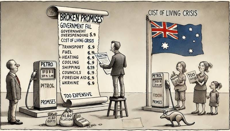 Inflation, broken promises, cost of living crisis. NewsBlaze AI cartoon
